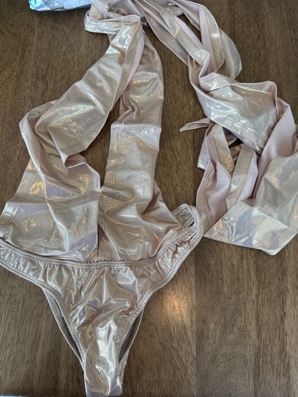Women’s Shimmery Light Pink Halter One-Piece Bodysuit
